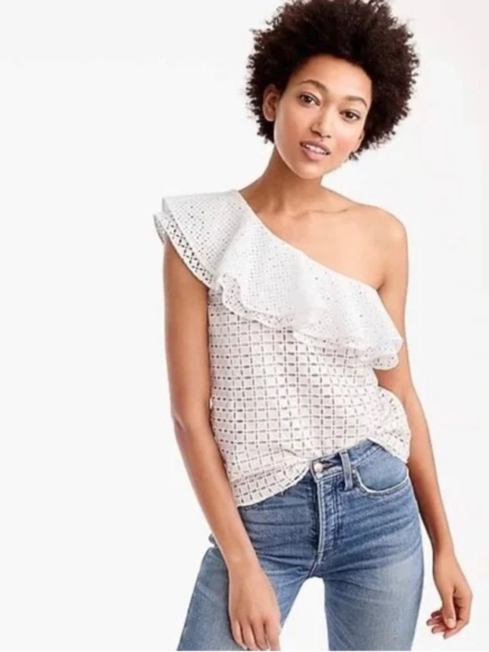 J.Crew White Eyelet One Shoulder Blouse Romantic Summer Top Size 12